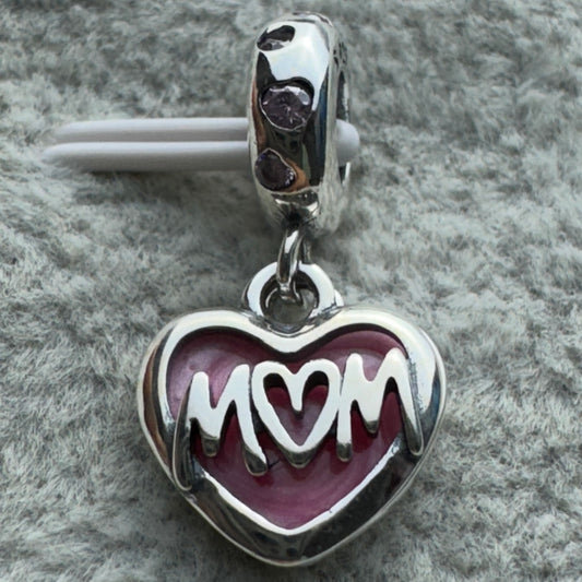 Charm Colgante Doble Corazón Rosa Te Amo Mamá Pandora Vista Frontal