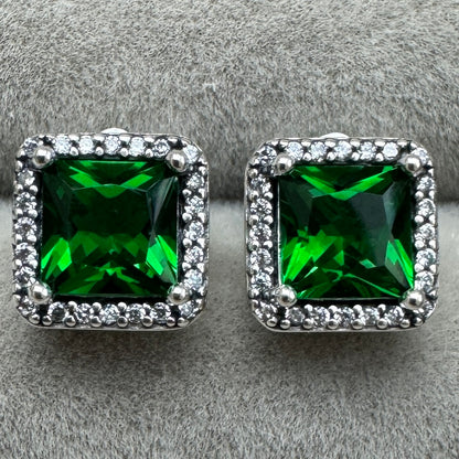 Aretes De Botón Halo Verde Cuadrado Brillante