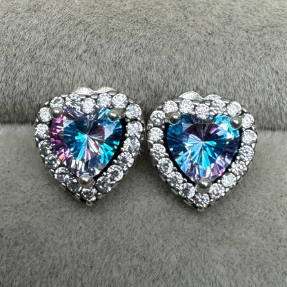 Aretes De Botón Corazón Elevado Piedra Azul