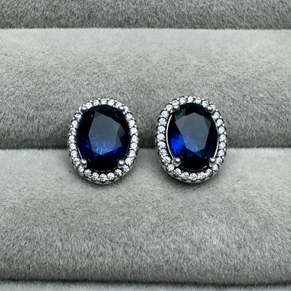 Aretes De Botón Halo Azul Llamativo Brillante