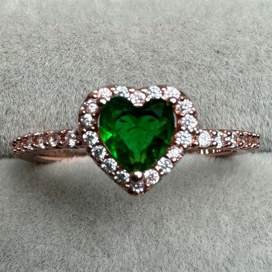 Anillo Corazón Nivelado Brillante Verde Baño Rosa Talla