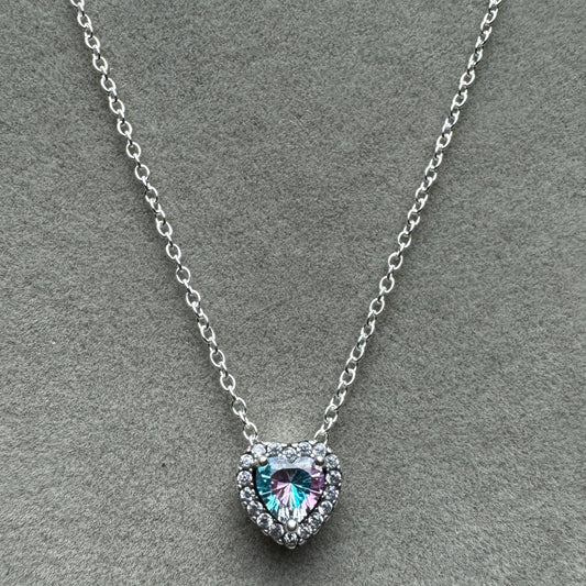 Collar Corazón Elevado Brillante Piedra Tornasol 45 cm (Ajustable A 40 cm)