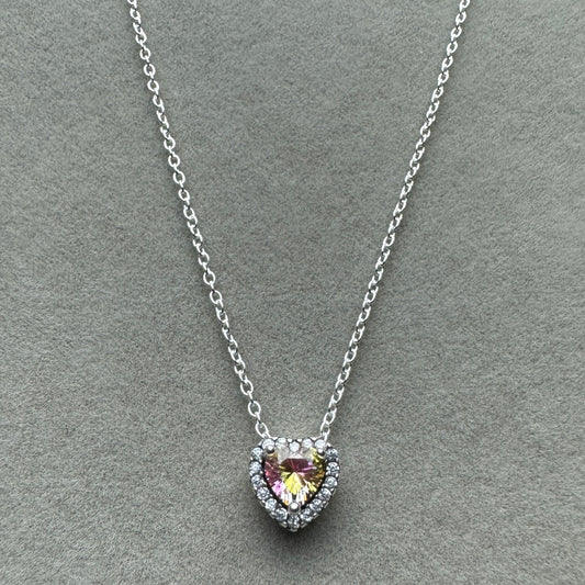 Collar Corazón Elevado Brillante Piedra Rosa 45 cm (Ajustable A 40 cm)