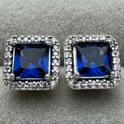 Aretes De Botón Halo Azul Cuadrado Brillante