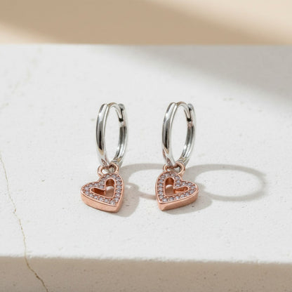 Aretes De Aro Corazón Rosa Brillante