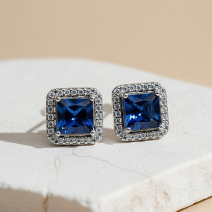 Aretes De Botón Halo Azul Cuadrado Brillante