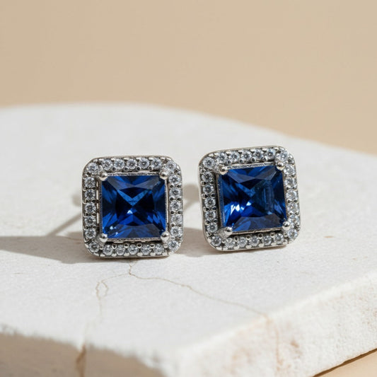 Aretes De Botón Halo Azul Cuadrado Brillante