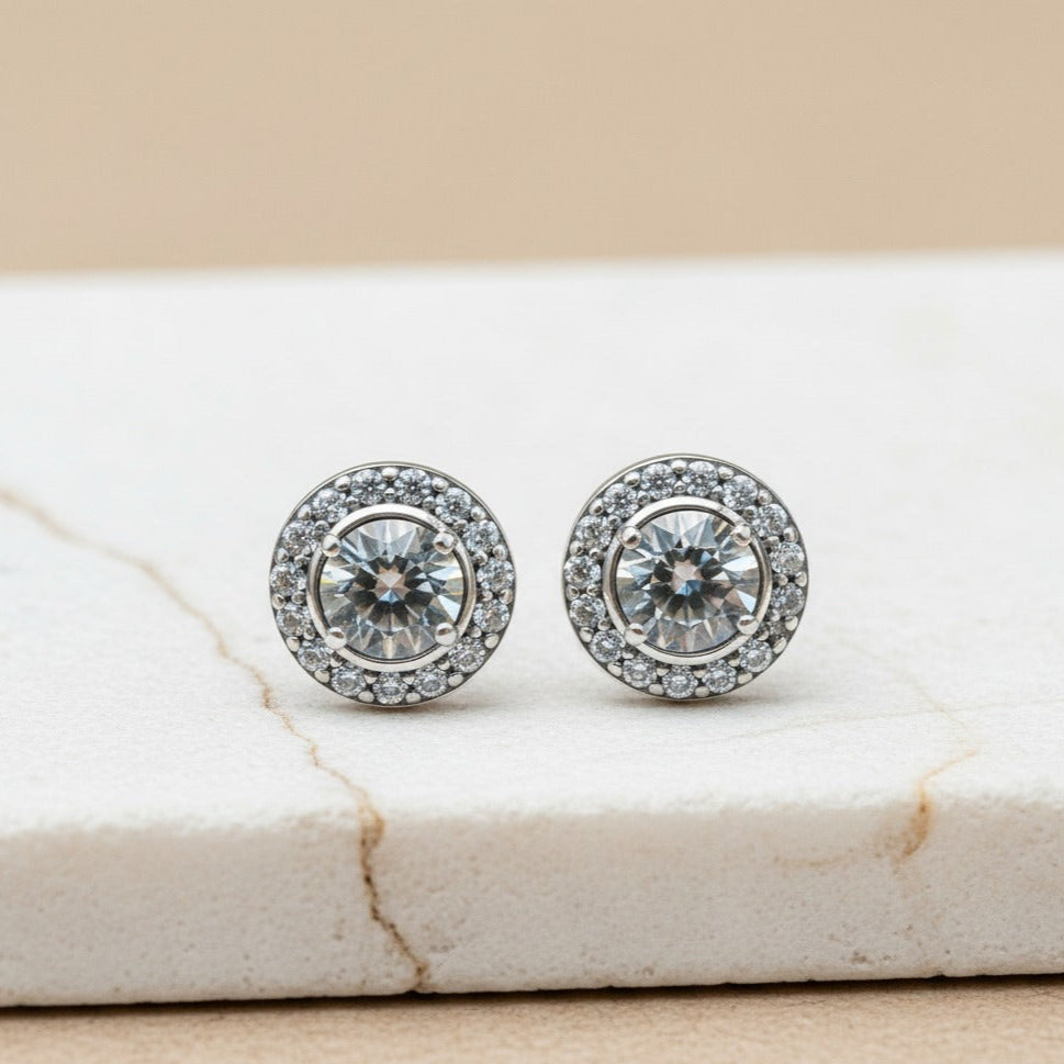 Aretes De Botón Halo Redondo Brillante