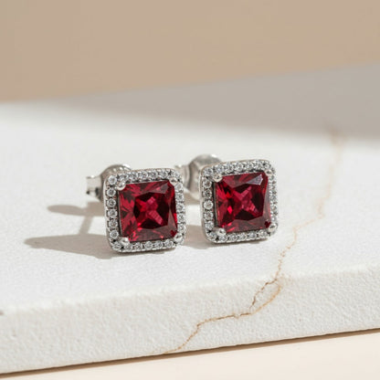 Aretes De Botón Halo Rojo Cuadrado Brillante