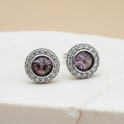 Aretes De Botón Halo Rosa Redondo Brillante