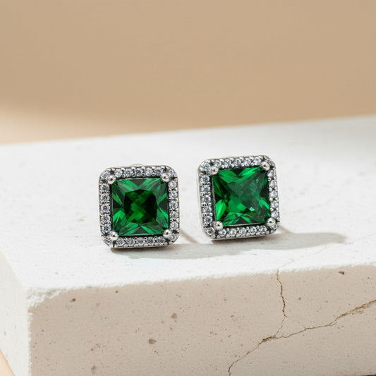 Aretes De Botón Halo Verde Cuadrado Brillante