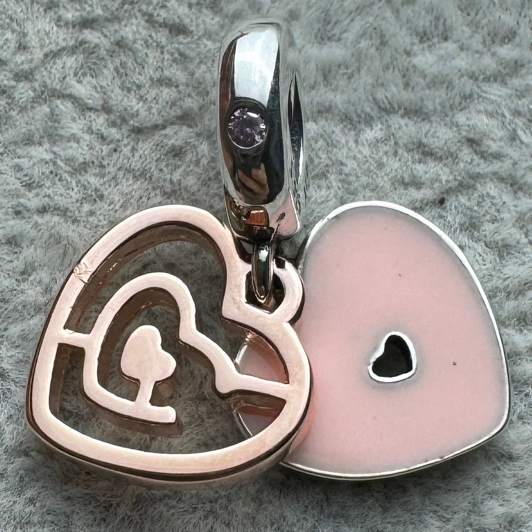 Charm Colgante Doble Corazones Rosas