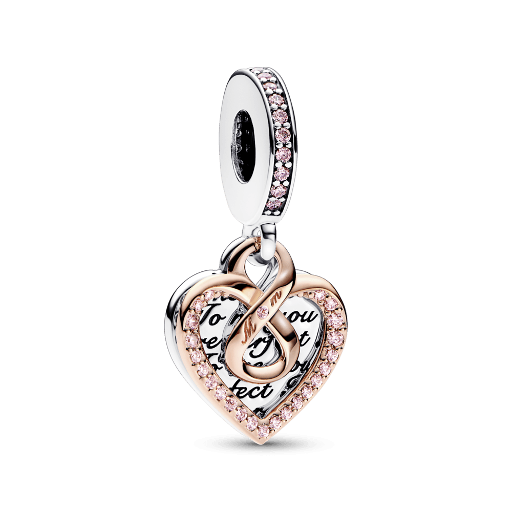 Charm Colgante Doble Corazón Infinito Mamá De Dos Tonos Oro Rosa