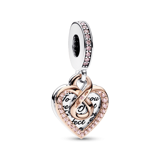 Charm Colgante Doble Corazón Infinito Mamá De Dos Tonos Oro Rosa