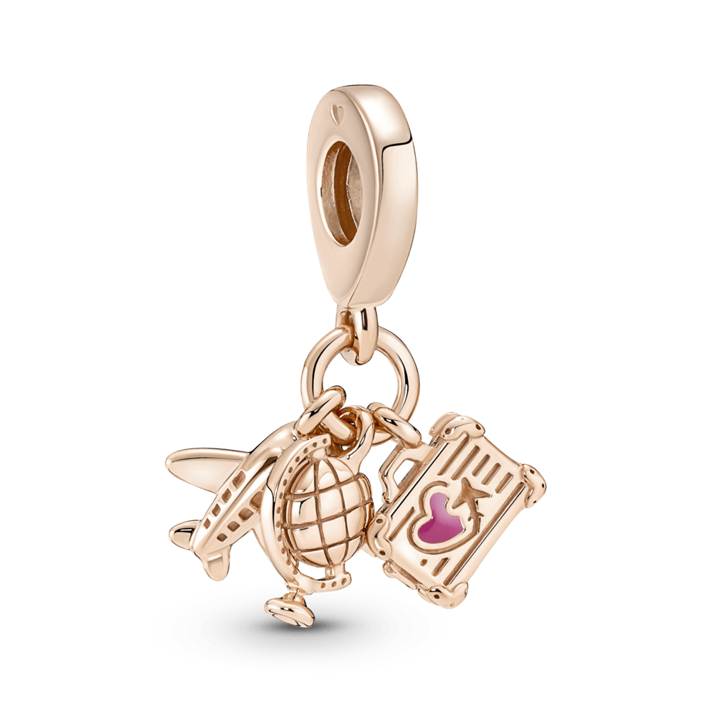 Charm Colgante Triple Avión, Globo y Maleta Oro Rosa
