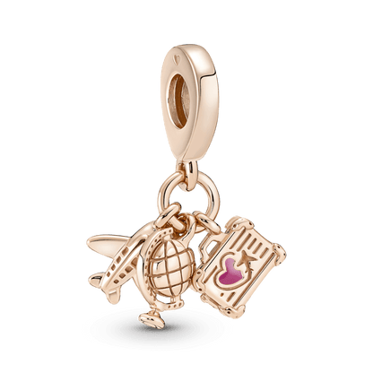 Charm Colgante Triple Avión, Globo y Maleta Oro Rosa