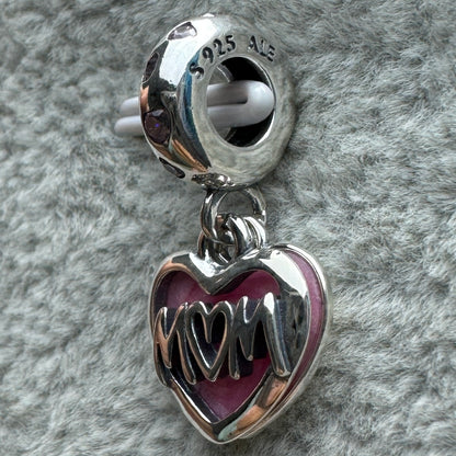 Charm Colgante Doble Corazón Rosa Te Amo Mamá Pandora Vista Lateral