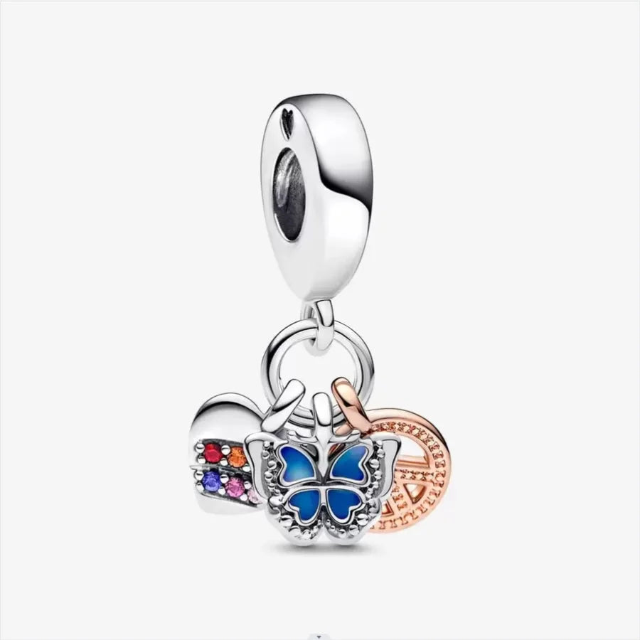 Charm Colgante Triple Corazón Arcoíris, Mariposa Y Paz De Dos Tonos Pandora