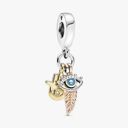 Charm Colgante Triple Mano De Hamsa (Fátima), Ojo Y Pluma Pandora