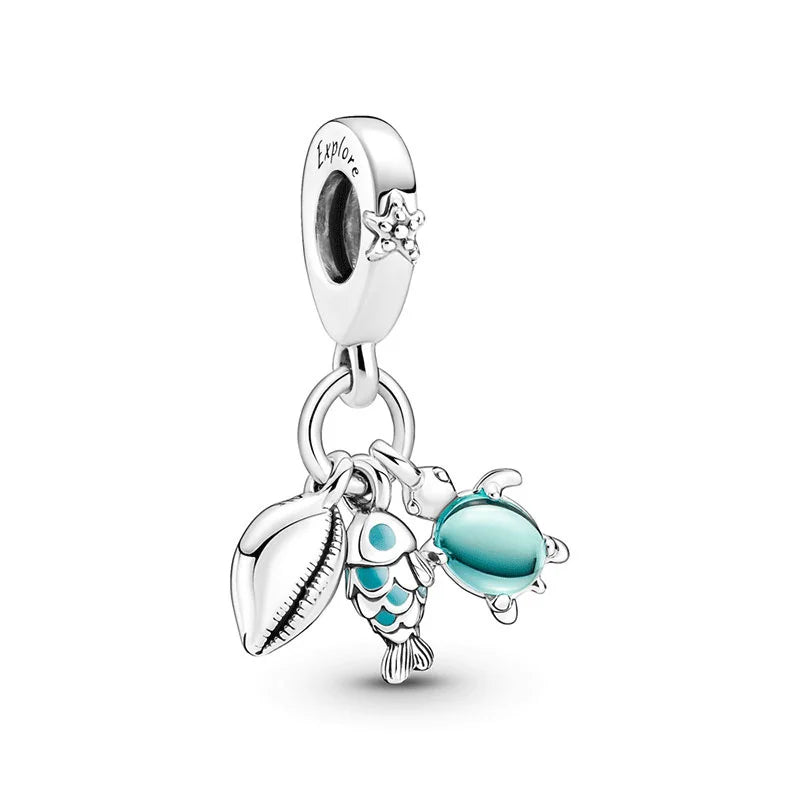 Charm Colgante Triple Mar Pez, Tortuga Marina Y Concha Pandora