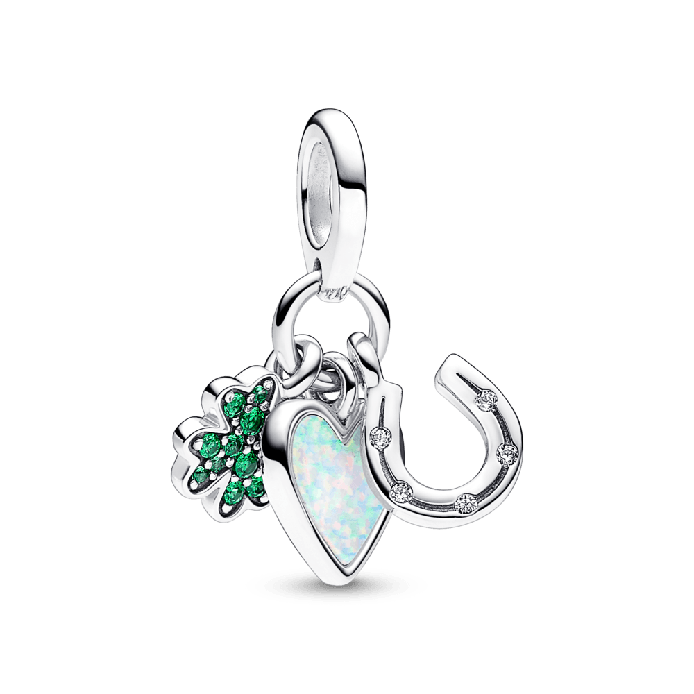 Charm Colgante Triple Trébol De Cuatro Hojas, Corazón Opalescente Y Herradura Pandora