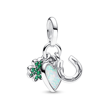 Charm Colgante Triple Trébol De Cuatro Hojas, Corazón Opalescente Y Herradura Pandora