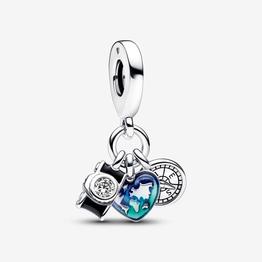 Charm Colgante Triple Viaje Cámara, Corazón Y Brújula Pandora