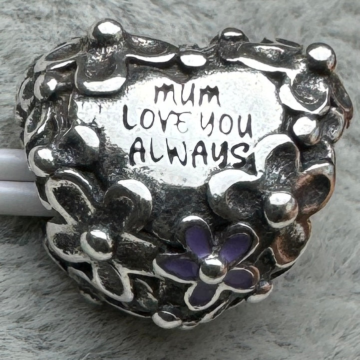 Charm Corazón Flores Mamá Te Amo Siempre Mum Love You Always Pandora Vista Desde Atrás