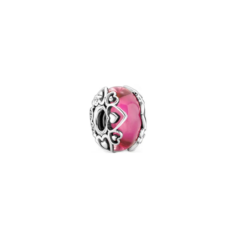 Charm De Cristal De Murano Rosa Con Corazones Pandora