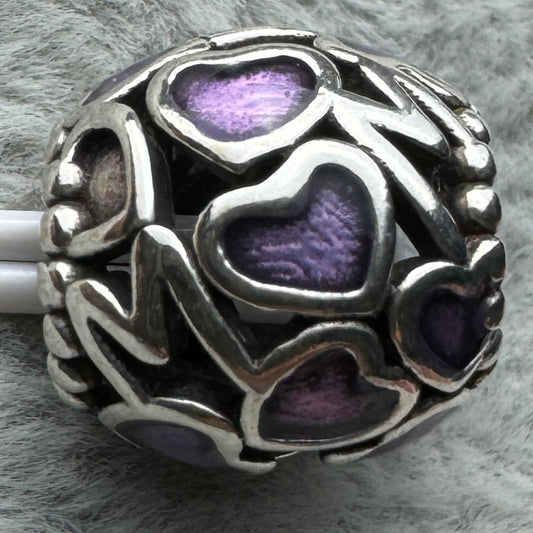 Charm Redondo Corazones Morados Mama Mom Pandora Vista Frontal