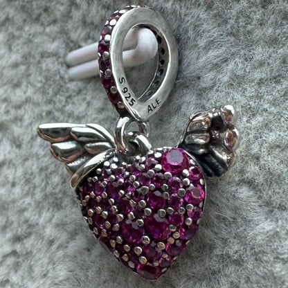 Charm Colgante Corazón Alas De Ángel Brillante Rosa