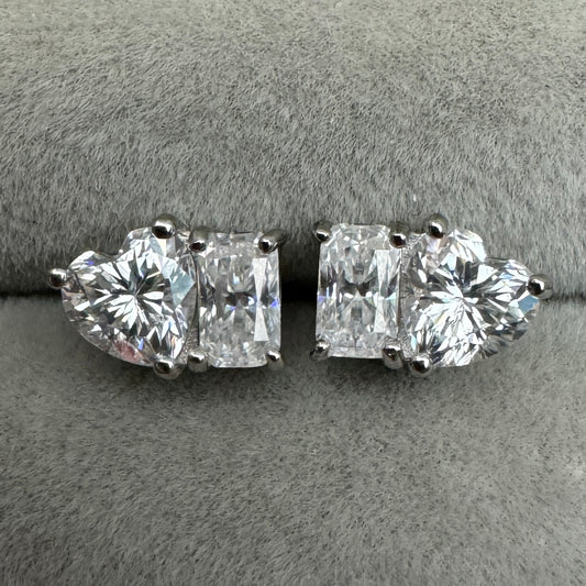 Aretes Corazón Y Rectángulo Corte Diaman Moissanita